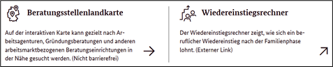 Einzelansicht der Teaser zur Beratungsstellenlandkarte und zum Wiedereinstiegsrechner