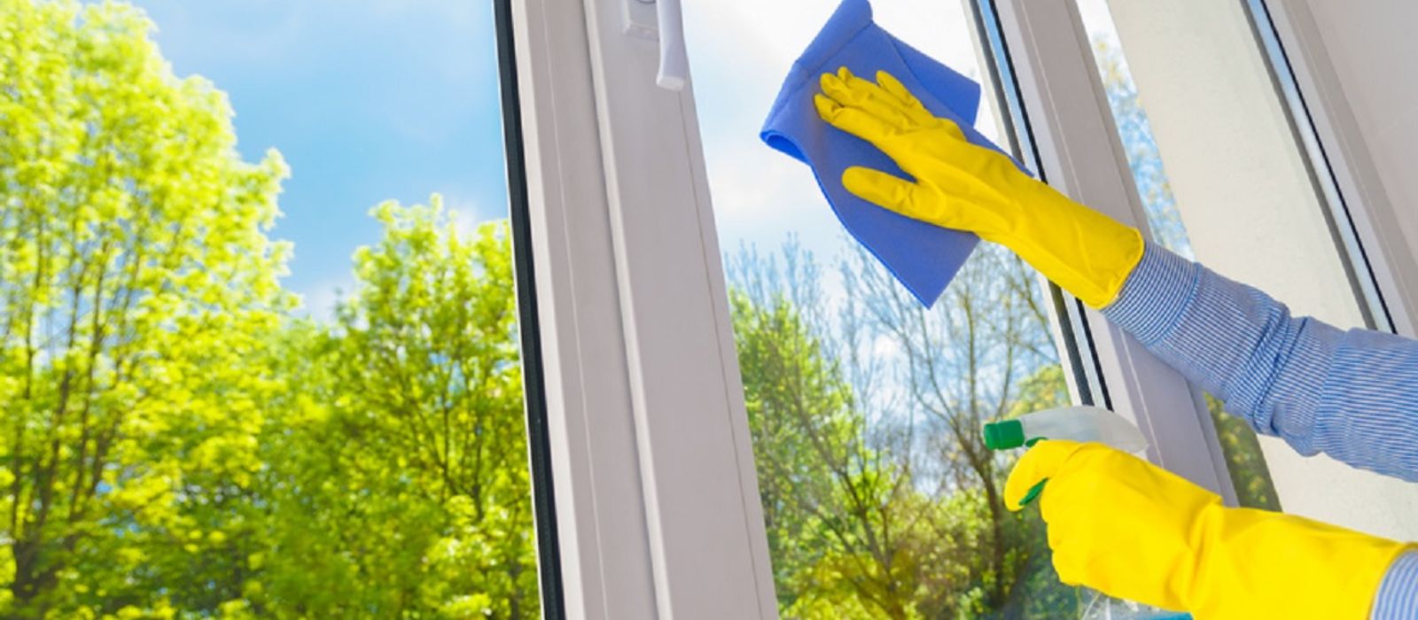 Hände in Gummihandschuhen beim Fensterputzen