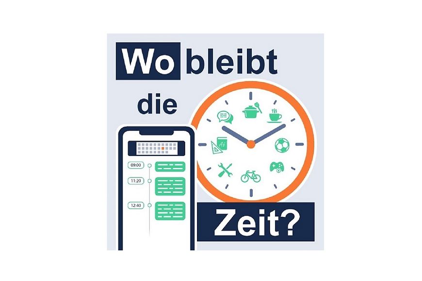 Eine Uhr und ein Handy und der Text "Wo bleibt die Zeit?"