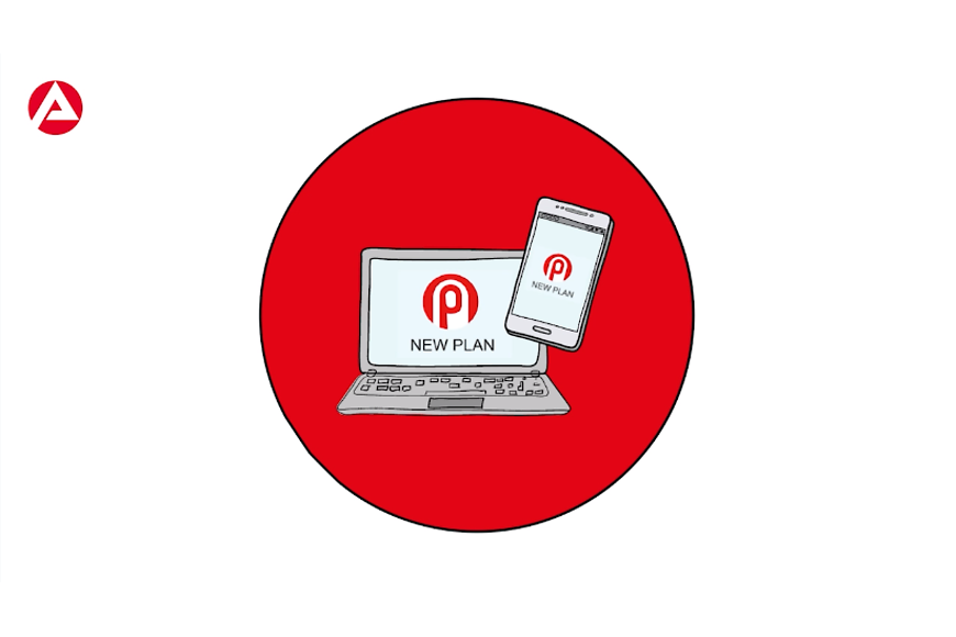 Roter Kreis mit einem laoptop und einen Smartphone drin. Auf beiden Bildschriemen ist das New Plan Logo zusehen 